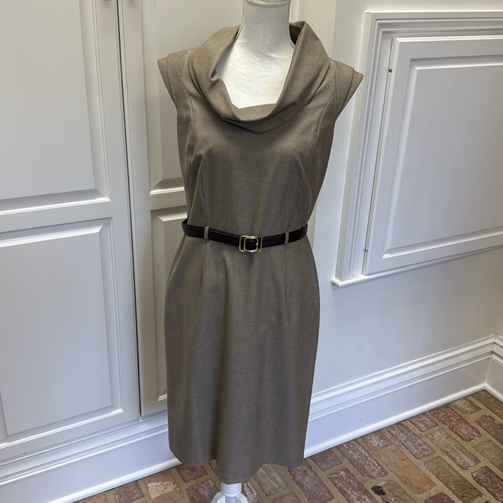 ANTONIO MELANI Taupe Cowl Neck Sheath Dress with Black Belt and Gold Buckle